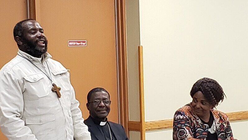 Bishop Godfrey (center) visited the Diocese of Fond du Lac in 2019 with his wife, Albertine (right) and Friar Fungayi (left). They are pictured here when they visited the Cathedral of St. Paul in Fond du Lac.